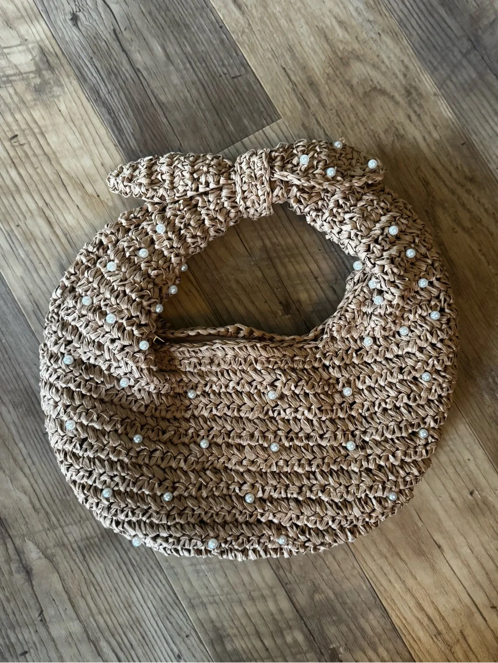 NWOT Haute Hippie Straw Pearl-Embellished Woven Shoulder Hobo Bag in Natural Tan